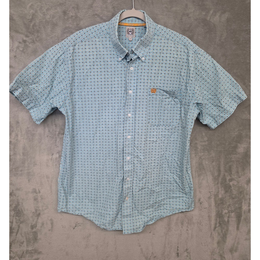 Cinch Mens Short Sleeve Button Down Shirt Blue Geometric Hexagon Cotton Medium